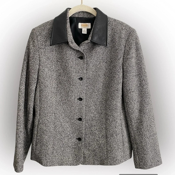 Wool & Silk Talbots Petites Tweed Leather Herringbone Blazer  Jacket Medium 10 - Picture 1 of 14